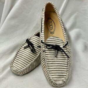 Tod's Gommino brown/white striped calf hair loafers,  EU38.5